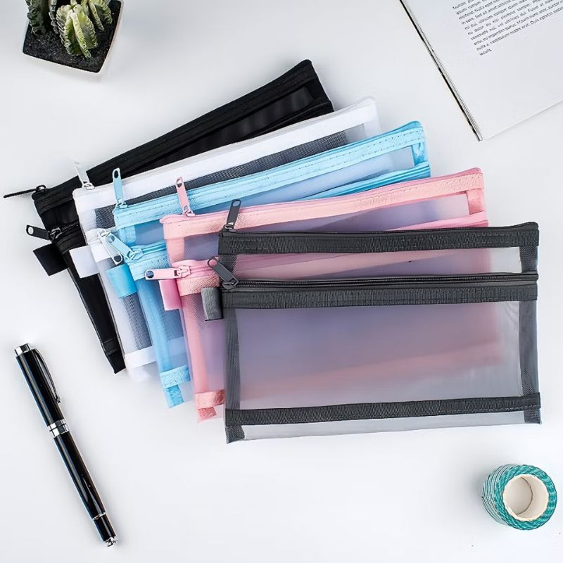 

Tempat Pensil Transparan/kotak pensil portabel jaring Resleting/Tas Kosmetik Tas Penyimpanan