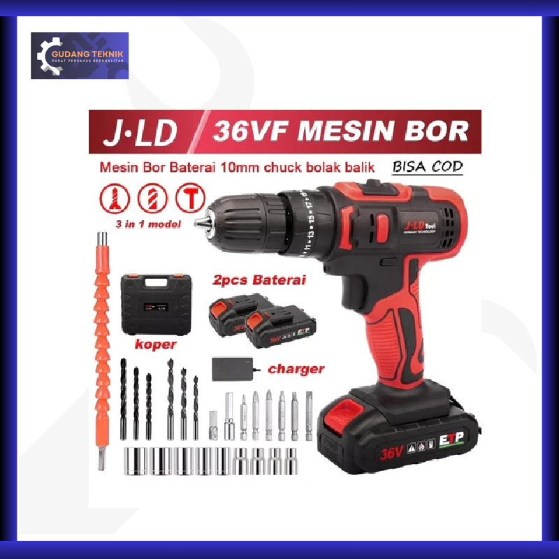 JLD TOOLS 36Vf Mesin bor baterai cordless JLD 36V 10mm 2battery set NEW version