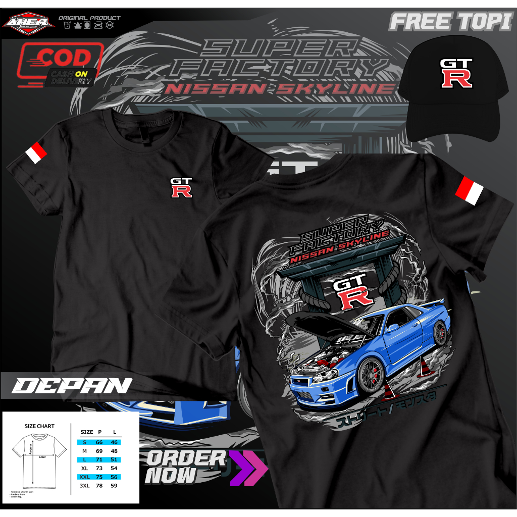 KAOS T SHIRT BAJU DISTRO NISSAN GTR GERATIS TOPI COWOK CEWEK PRIA WANITA UNISEX COMBAD 24S ORIGINAL