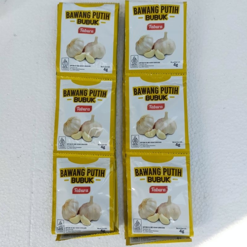 

bawang putih bubuk satu renteng isi 12 sachet. berat bersih 4 gram per sachet. merek tabura