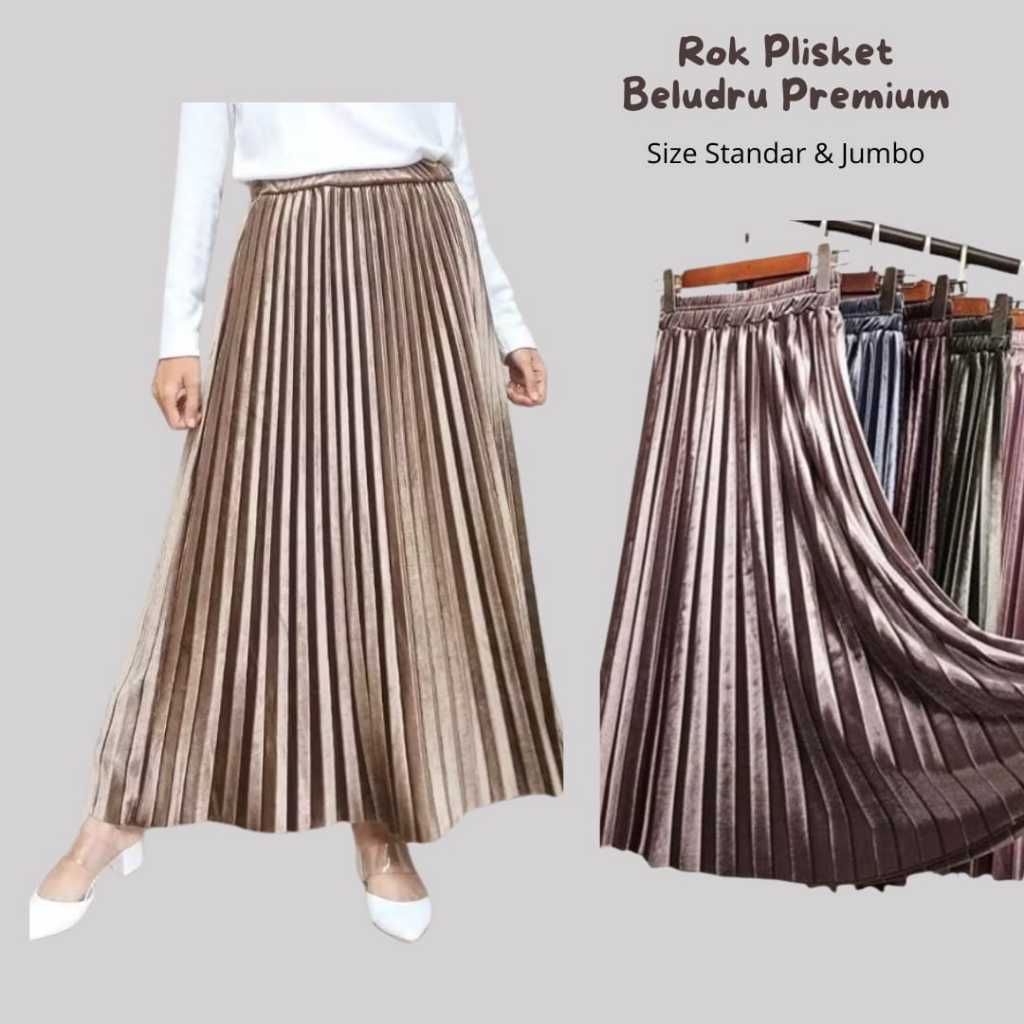 Rok Plisket Bludru Premium Velvet Pleated Skirt Maxi Panjang All Size XXL Jumbo Polos Mayung Import 