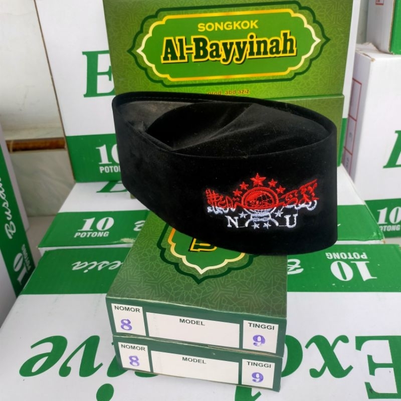 Songkok Hitam Bludru NU Merah Putih Nomor 8 Tinggi 9 | Peci Kopyah Kupluk Nasional Al Bayyinah Logo 