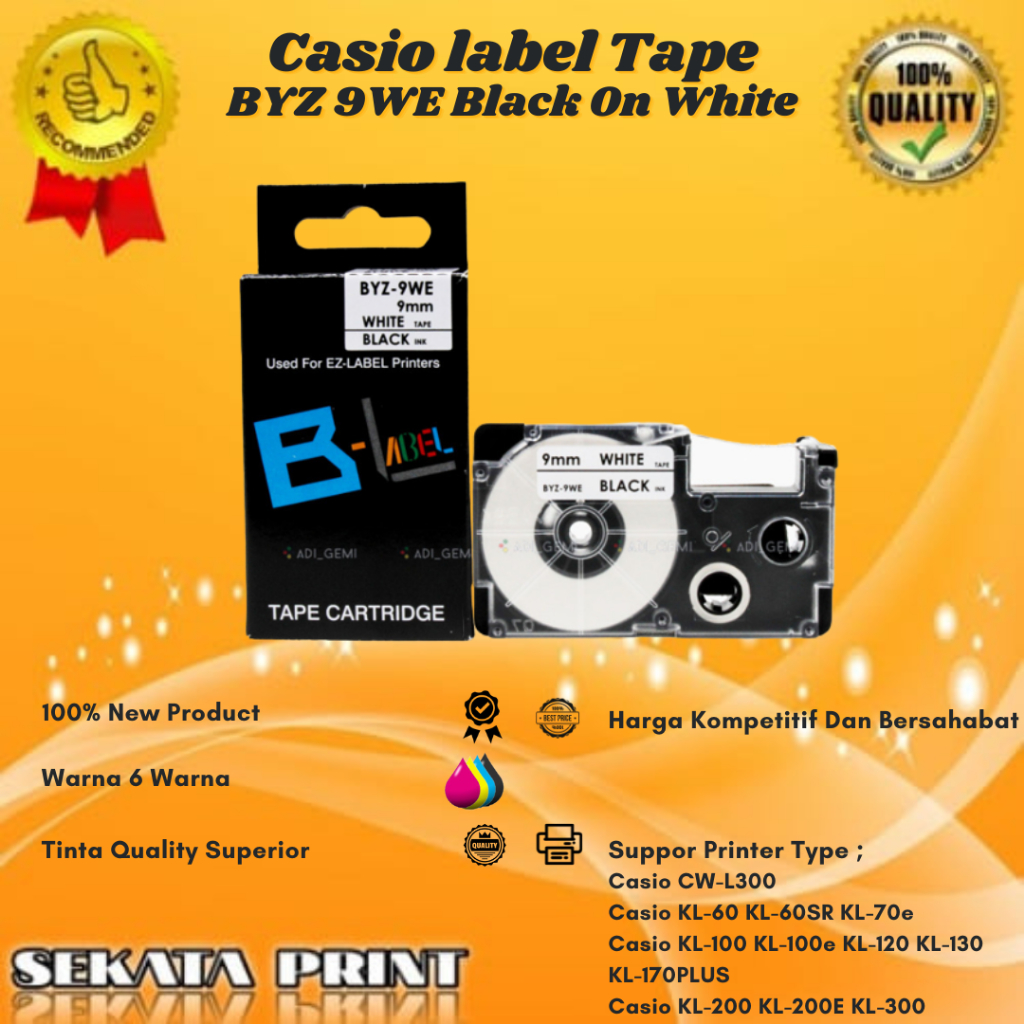 

Sekata Print Compatible Casio Label Tape BYZ 9WE Black On White - KL-60