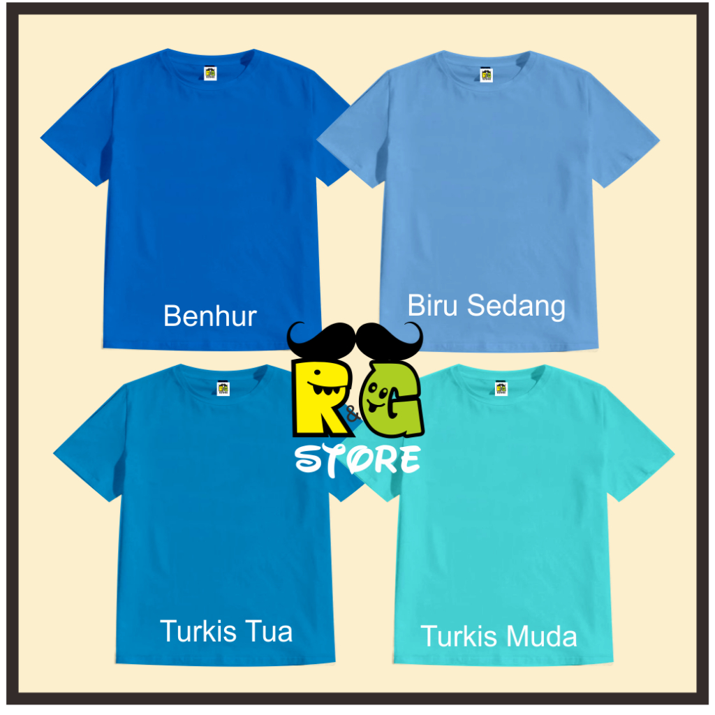 HORIZONTAL KAOS POLOS COMBED 30s WARNA BIRU SEDANG, BENHUR, TURKIS MUDA, TURKIS TUA