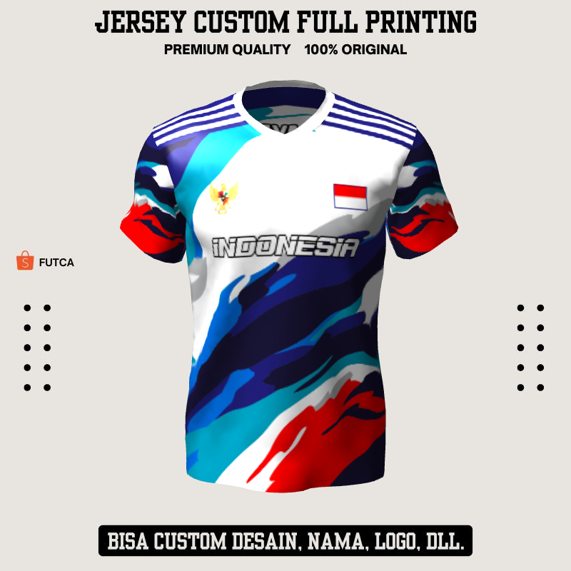 Jersey Futsal Putih Merah Biru Motif Abstrak 454 - Kaos Jersey Olahraga Full Printing Lengan Pendek