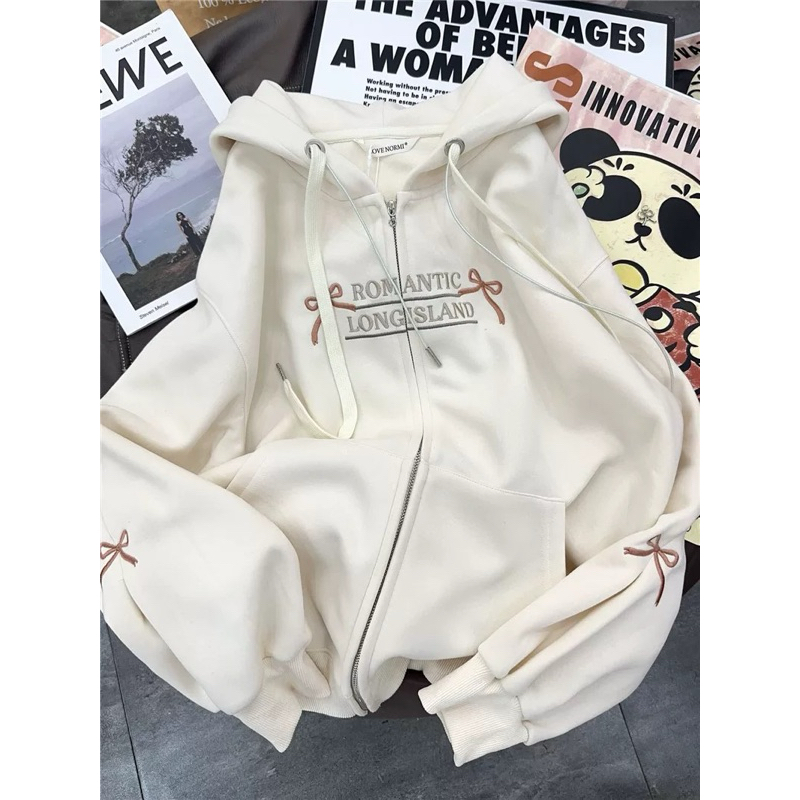 Milkteas Bow Coquette Jacket Pastel Hoodie Soft Bahan Tebal Pita Quotes Gaya Manis Japanese Korean S