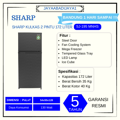 SHARP SJ195MNHS Kulkas 2 pintu 172 Liter SJ-195MN-HS / SJ 195MNHS