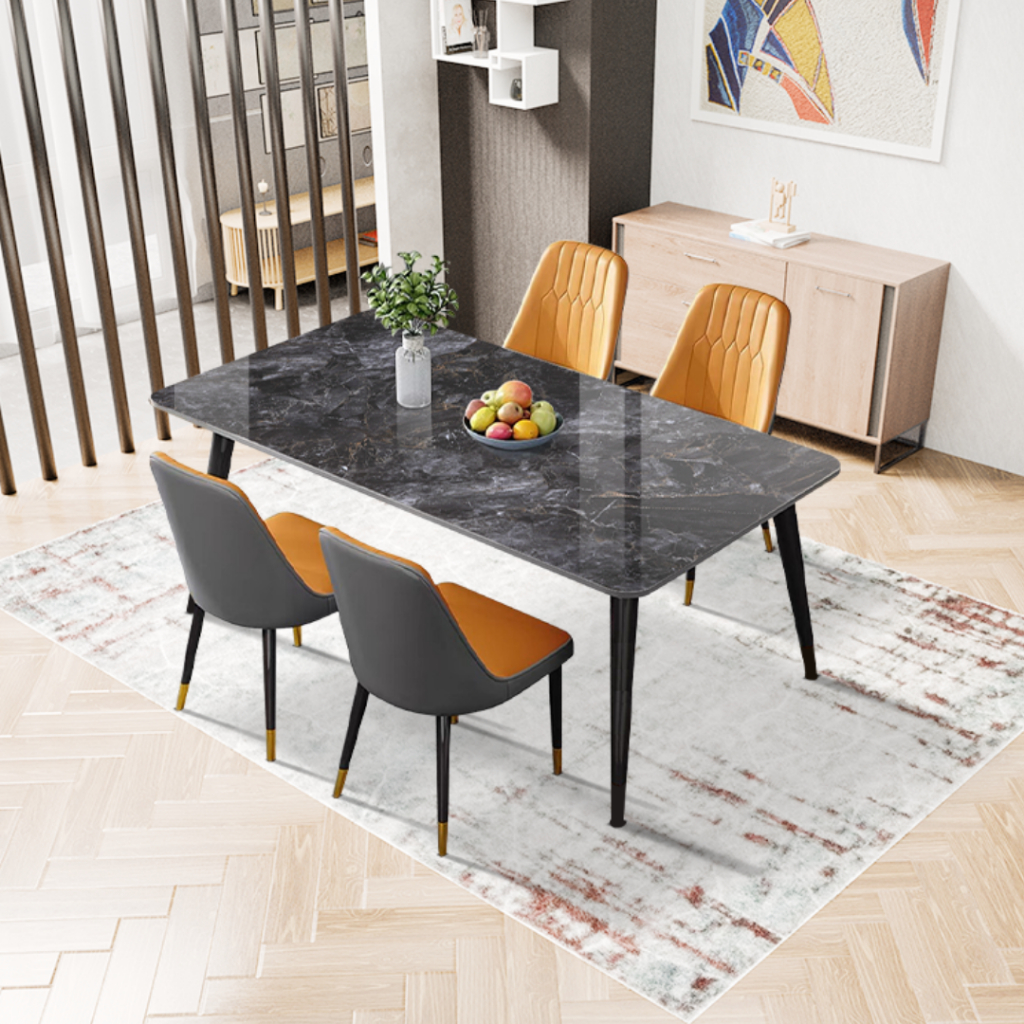 Set Meja Makan Batu Sinter Hitam Kursi Minimalis Orange