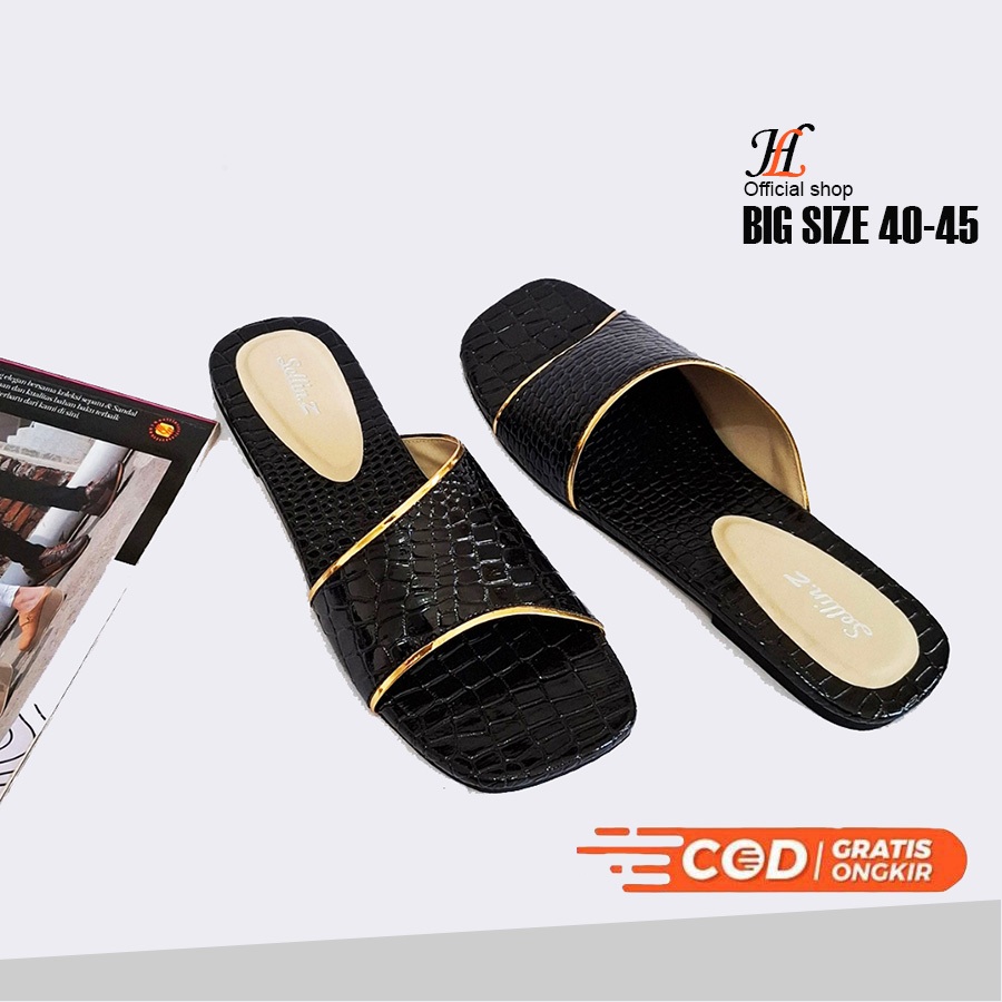 Sandals Wanita Bigsize 40 - 45 / Sendal Ukuran Kecil & Besar / Sandal Flat Kulit Croco Hitam