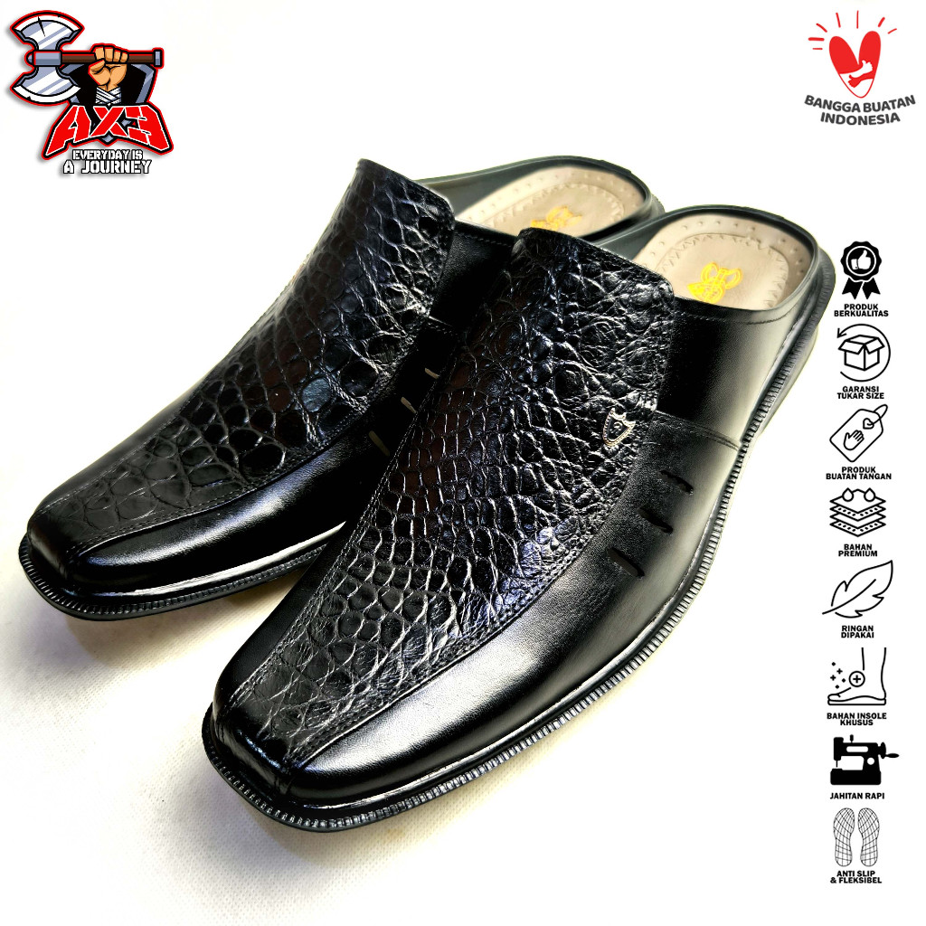 Ax3 SEPATU SELOP PRIA KULIT MOTIF KULIT BUAYA (KJ) || SELOP KULIT MOTIF BUAYA || SEPATU SELOP KULIT 