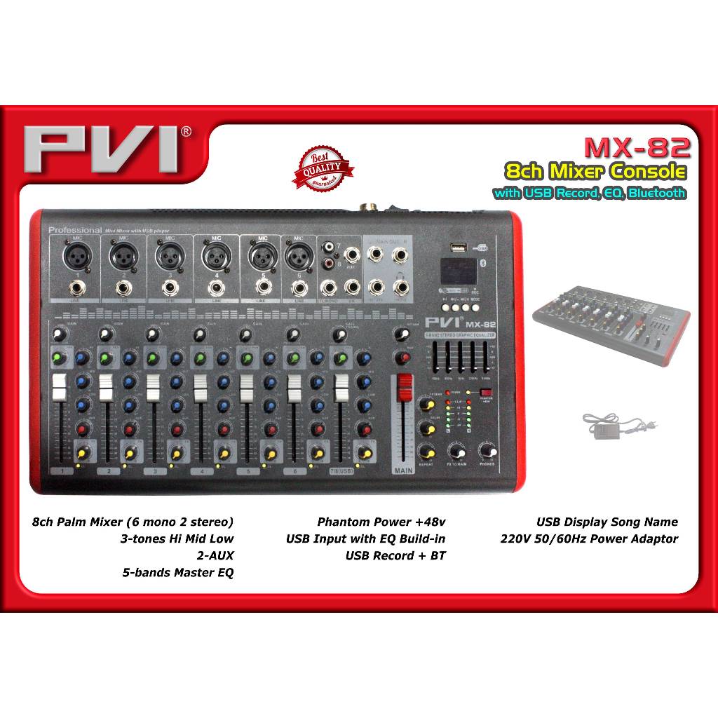 PVI MX-82 Mixer Console dengan USB,  EQ dan Bluetooth