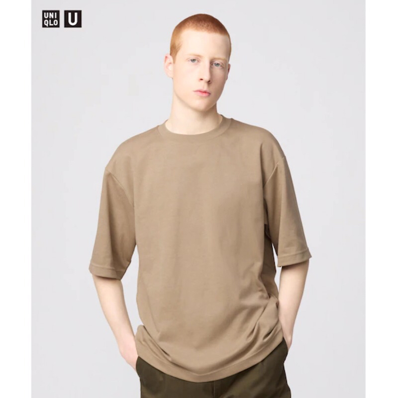 UNIQLO U AIRism Men T-Shirt Kaos Pria Katun Oversized Lengan 1/2 Brown