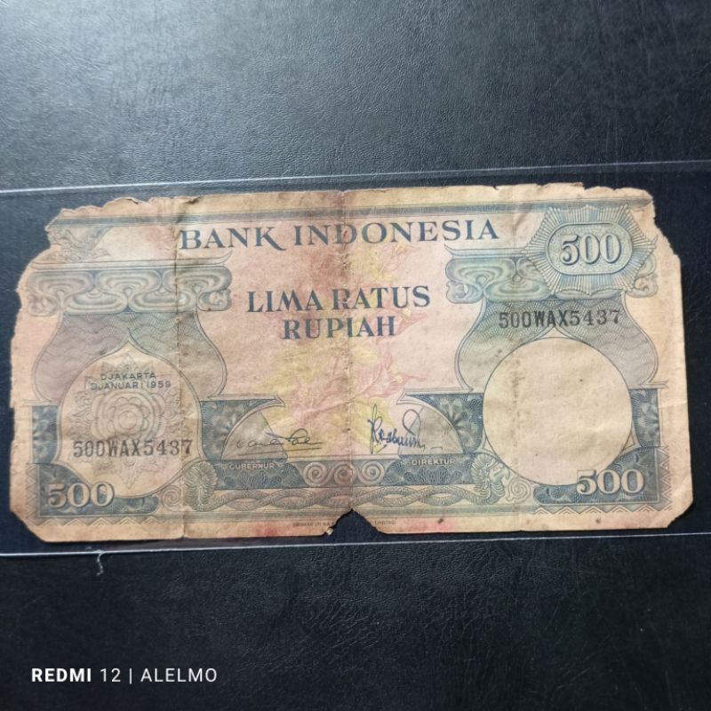 uang kertas 500 rupiah seri bunga tahun 1959 bekas jelek asli