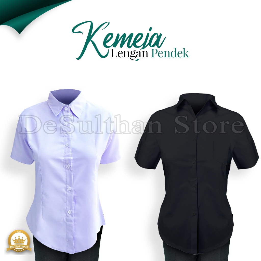 Desulthan Store | Kemeja Putih Hitam Polos  Formal Tangan Pendek Wanita Hem Putih Hitam Kerja Office