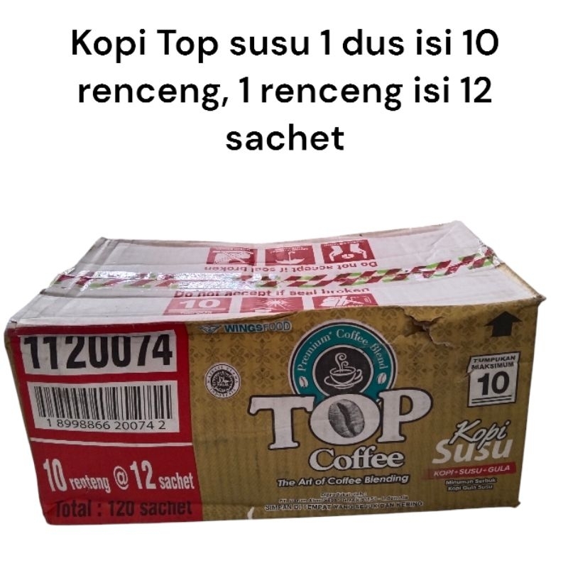 

Kopi Top susu 1 dus isi 10 renceng dan 1 renceng isi 12 sachet