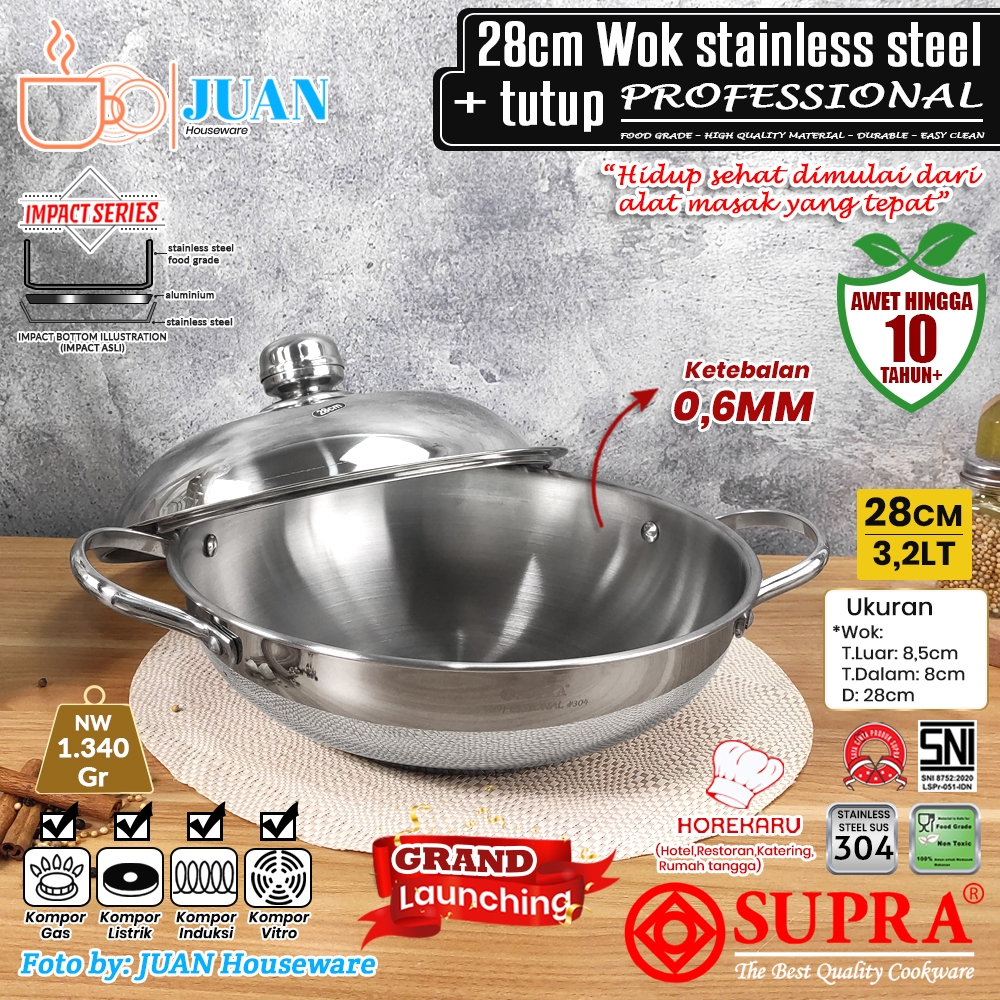 SUPRA Wajan stainless steel 28cm sus 304 professional + tutup kombinasi viliron hidome