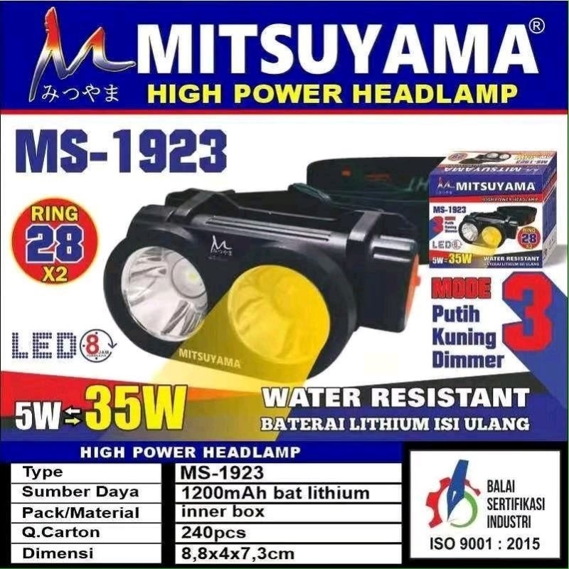 MS-1923 SENTER KEPALA 35W PUTIH KUNING DIMMER CAS HEADLAMP LED MITSUYAMA MS-1923