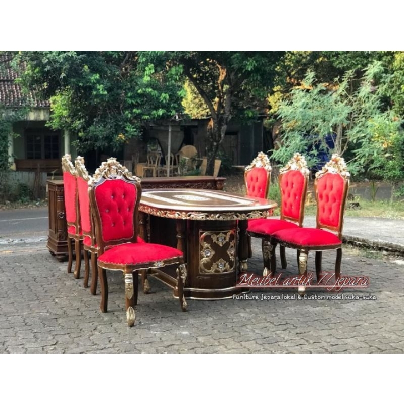 Meja Makan Salina Ukir Kursi 6 + kaca meja