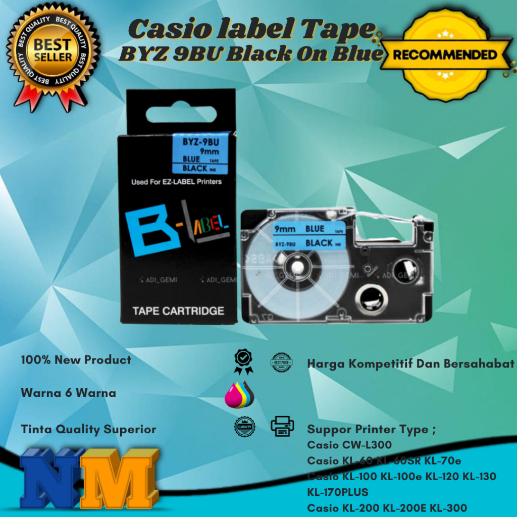 

Compatible Casio Label Tape BYZ 9BU Black On Blue - KL-100 KL-100e KL-200