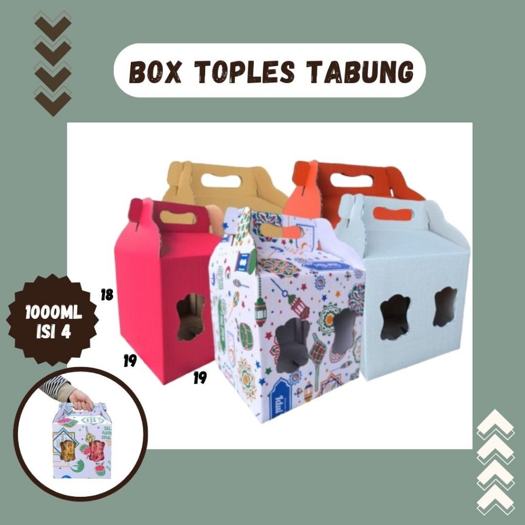 

Box Kuker 19x19x18 Jinjing (KUKER TOPLES JAR 1000ml Isi 4) Kardus Kue Kering / Idul Fitri /Hampers / Lebaran / Gable Box Polos/Motif