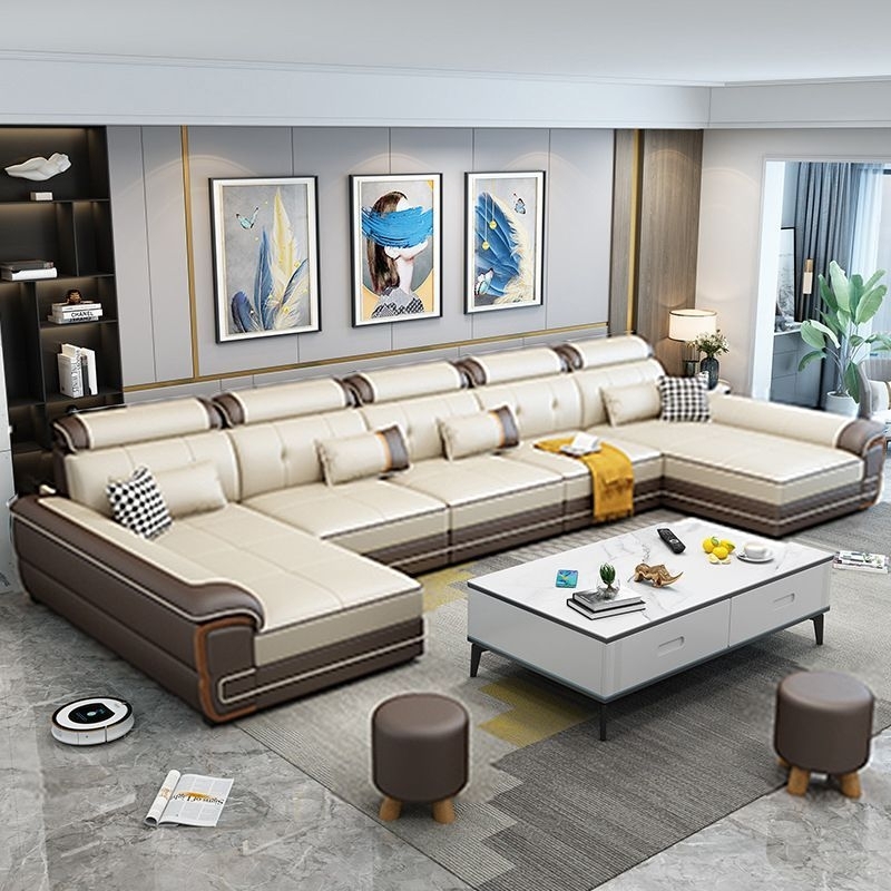 Sofa kulit leter U gaya modern, sofa ruang tamu keluarga mewah
