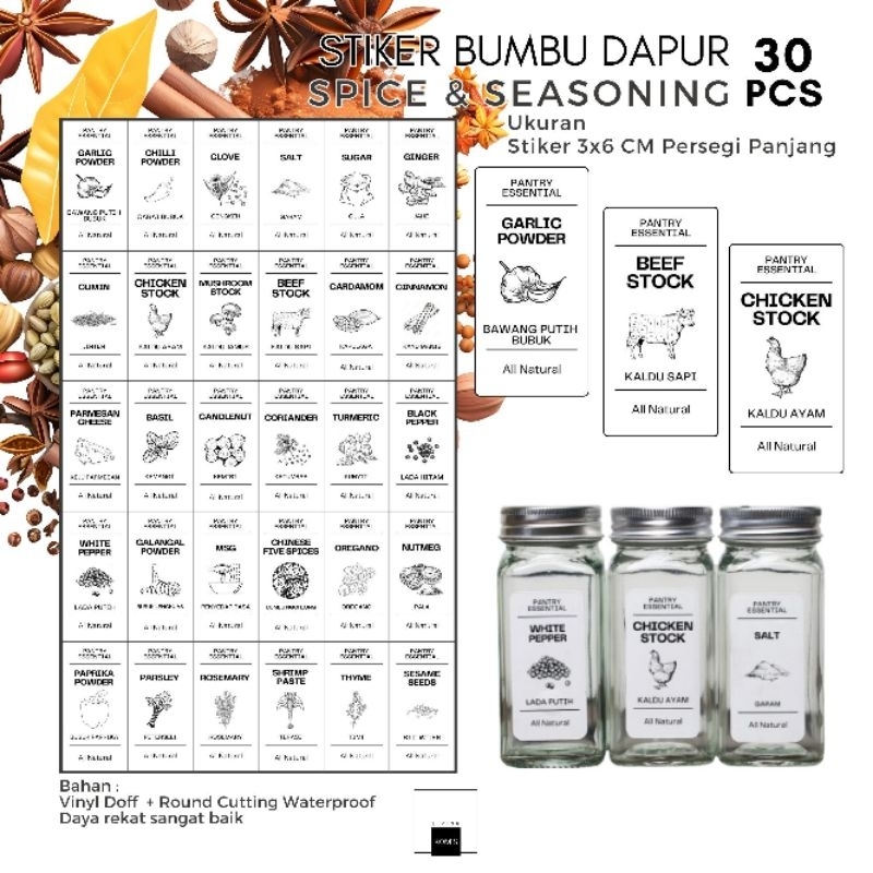 

Stiker Bumbu Dapur / Spice & Seasoning , Vinyl Doff Waterproof, 30 pcs/set, ukuran 3x6 cm