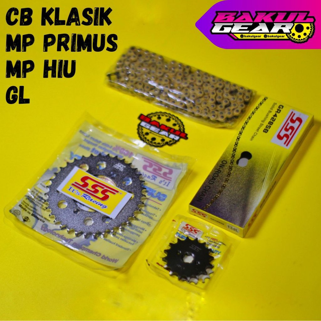 Gear set SSS Megapro Primus Hiu GL CB klasik Rantai ukuran 428 gold kh1