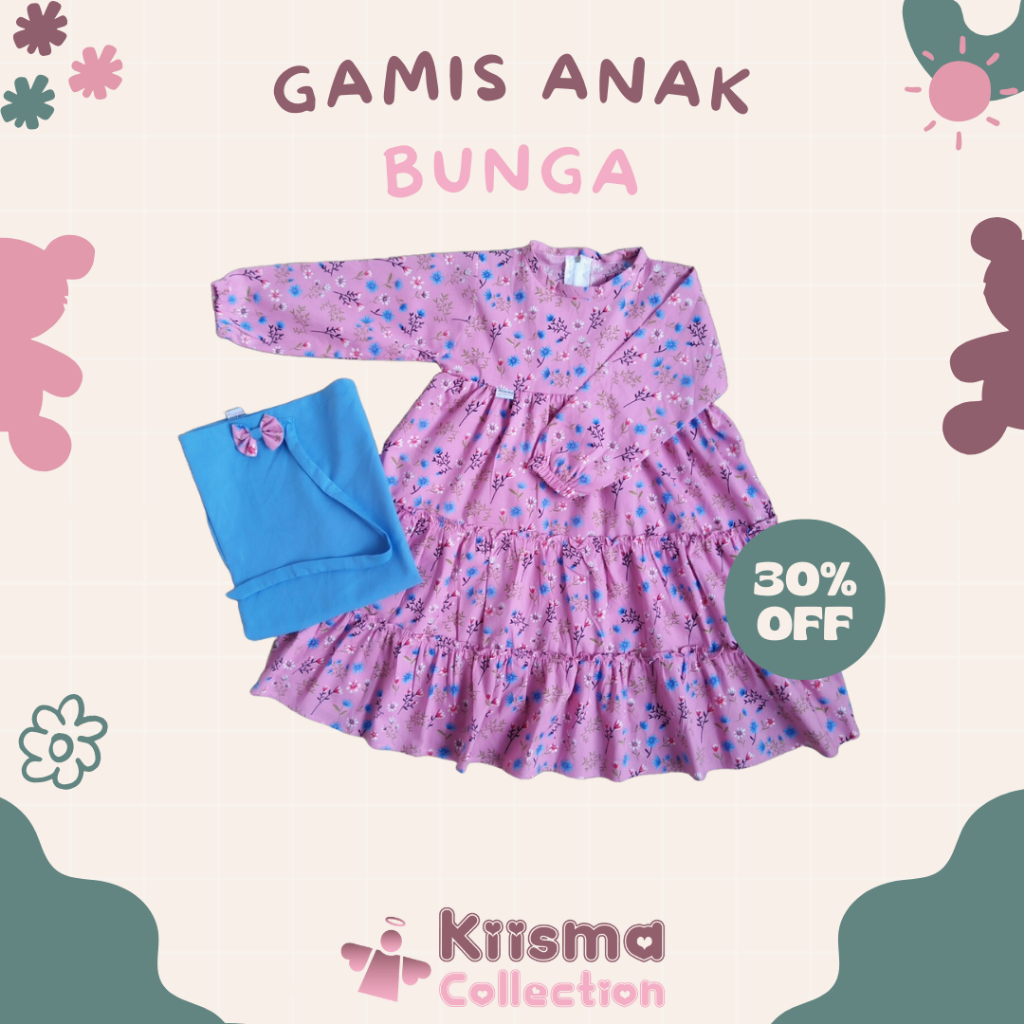 Baju Anak Perempuan Setelan Gamis Motif Bunga Warna Pink dan Biru Kiisma Collection