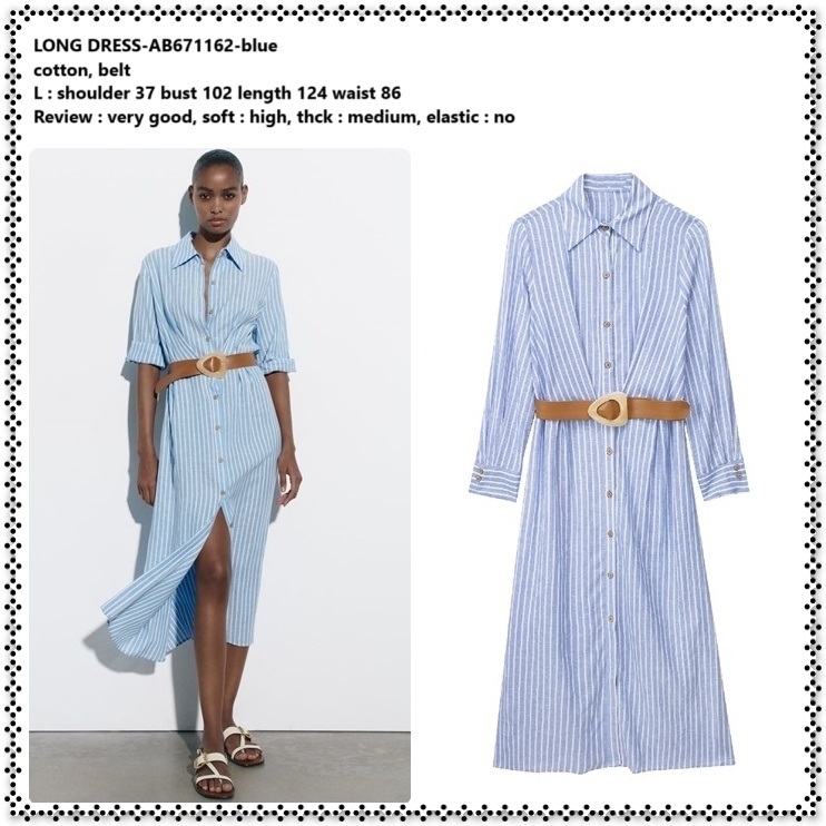 AB671162 Long Dress Midi Kemeja Lengan Panjang Garis Biru Putih Wanita Korea Import Tunik