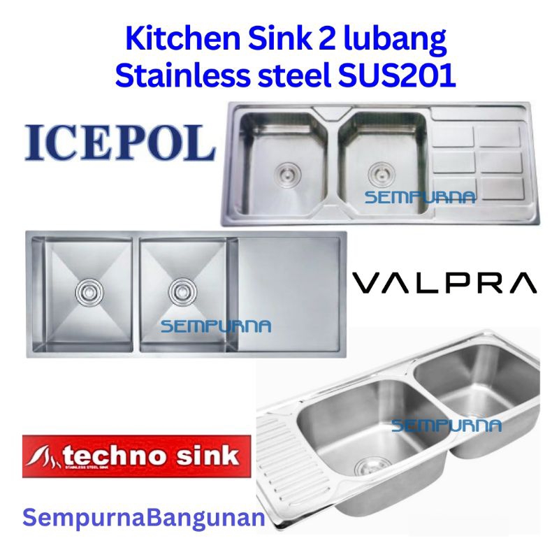 Bak cuci piring stainless steel kitchen sink 2 lubang double bowl tray sayap tirisan Kedalaman dalam