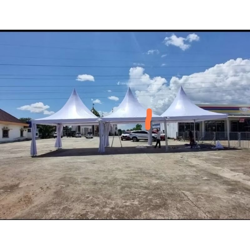 TENDA SARNAFIL TENDA KERUCUT RANGKA ALMUNIUM  65mm x 65mm x 2mm. atap tenda dan dinding 4sisi bahan 