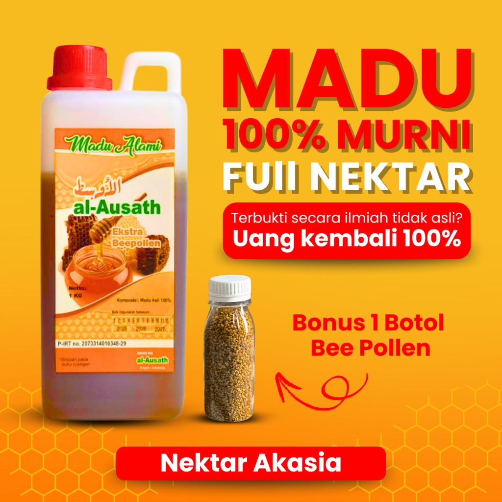 

1KG MADU ASLI AL-AUSATH NEKTAR AKASIA - Madu Murni Asli 100% Original Tanpa Campuran + Bonus Gratis 1 Botol Bee Pollen