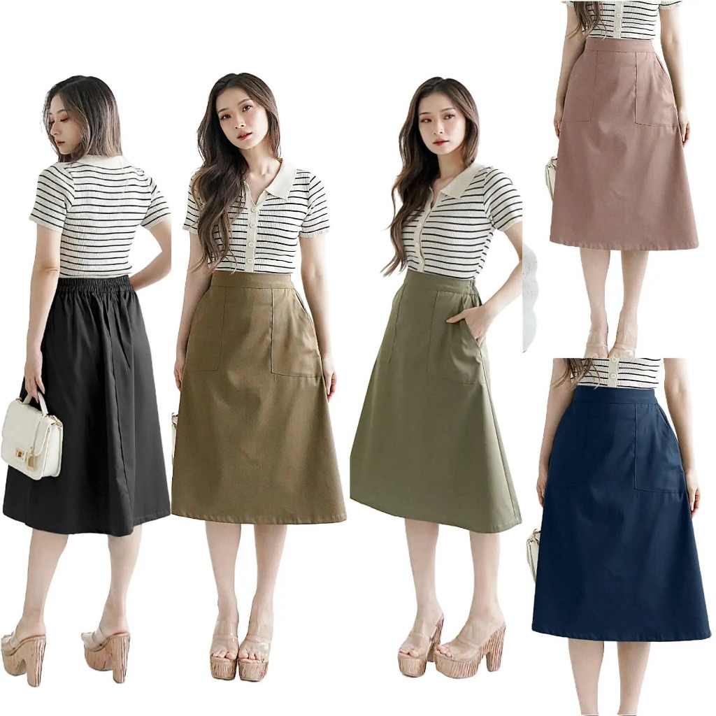 Rok Wanita Remaja Polos Pinggang belakang Karet Bawahan Kerja Casual Korea Modern Kekinian