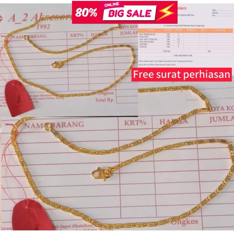 Kalung Emas Asli 24karat Motif Tempe Gepeng Kadar 1 gram Ada surat