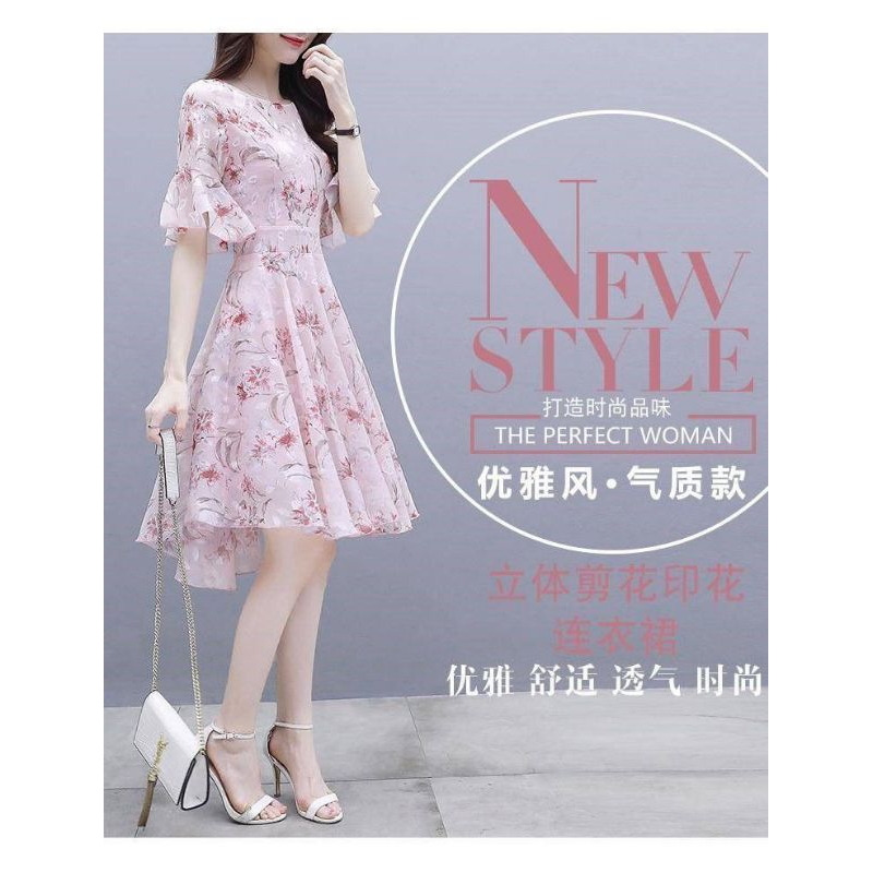 Dress Korea style sifon impor remaja 2025 motif bunga modis musim gugur