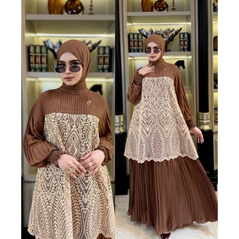 dress plisket mix brokat Shellasaukia terbaru