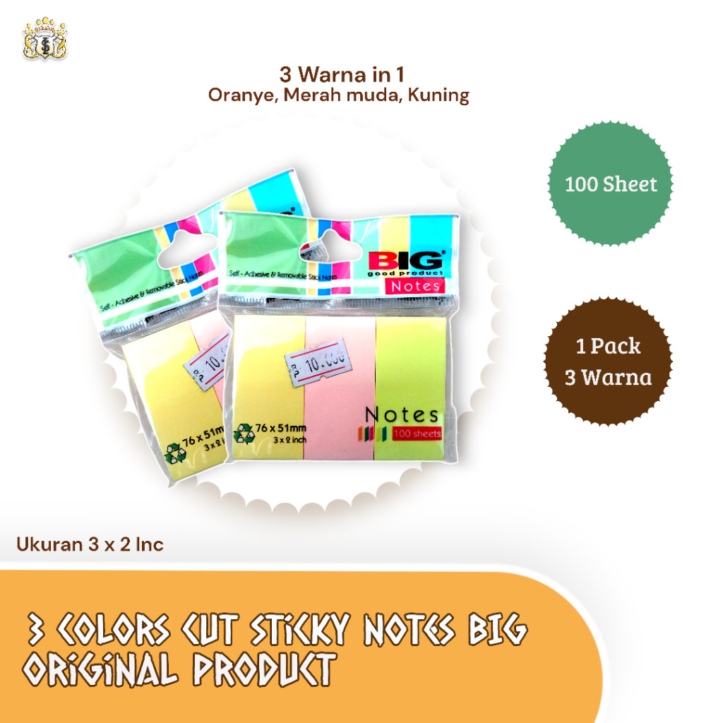 

3 Cut Sticky Notes BIG Berwarna Ukuran 3 X 2 Inc isi 100 Lembar Serbaguna / Memo / Penanda / Catatan
