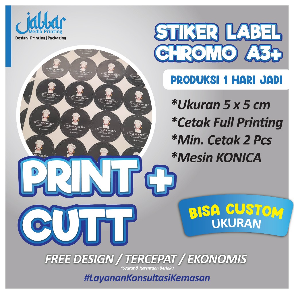 

CETAK+CUTTING STIKER LABEL CUSTOM BAHAN CHROMO A3+