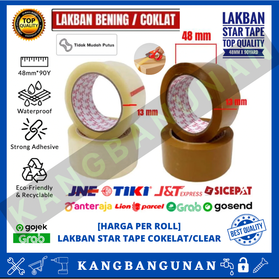 

Lakban Bening/Cokelat Packing Online STAR Tape Clear/Tan 2inci 48mm x 90 Yard