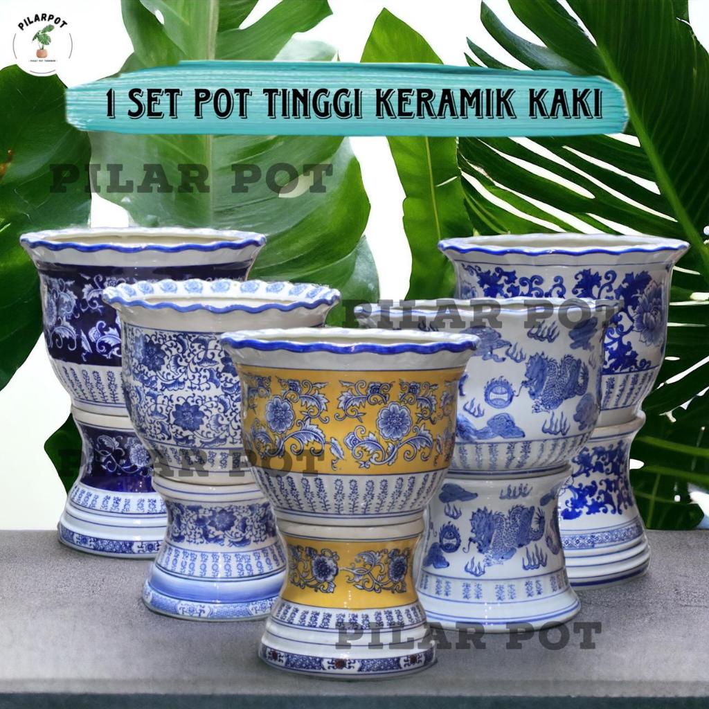 POT BUNGA TANAMAN TINGGI KERAMIK KAKI D40 T50 GLOSSY - 1 SET KERAMIK KAKI BESAR