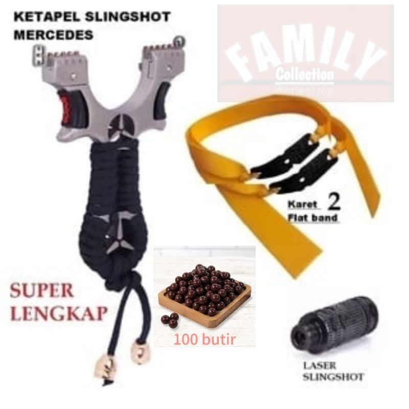 Ketapel Slingshot Hunting Catapult Mercedes - fullset = ketapel + laser + 2 karet + 100 pelor