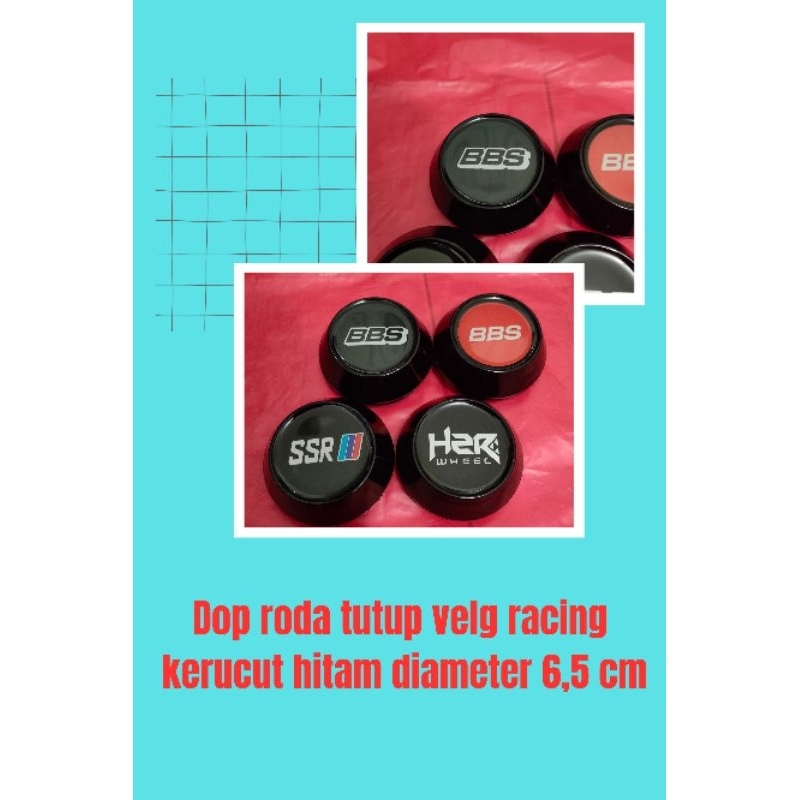 dop roda tutup velg racing motif HSR SSR BBS kerucut hitam diameter 6,5 cm