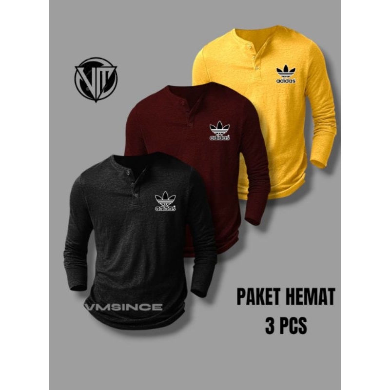 PAKET 3 PCS KAOS PANJANG ADIDAS // KAOS KANCING PANJANG LENGAN // KAOS PANJANG LENGAN PRIA ADEM LEMB