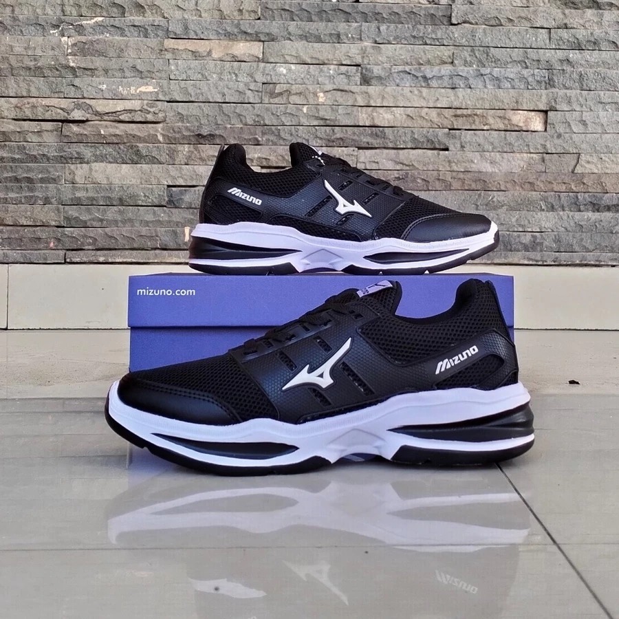 Sepatu Mizuno Pria Model Running Hitam Putih Olahraga Volly - Spatu Sneakers Pria Wanita Original
