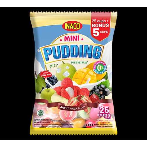 

Inaco mini pudingper 2 pack, 1 pack isi 25 cups rasa leci, stroberi, mangga, apel, jambu, anggur dan blackcurrant 1 qarton isi 30 pack cocok untuk snack ultah dan camilan