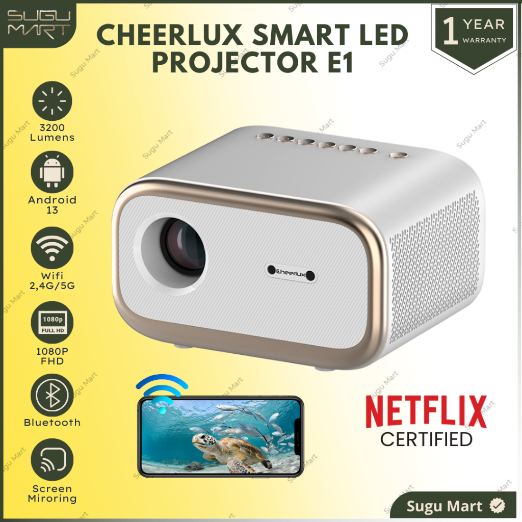 Proyektor Cheerlux E1 Android Netflix Certified 3200 Lumens With Auto Focus 1 / 8 GB | Proyektor Min