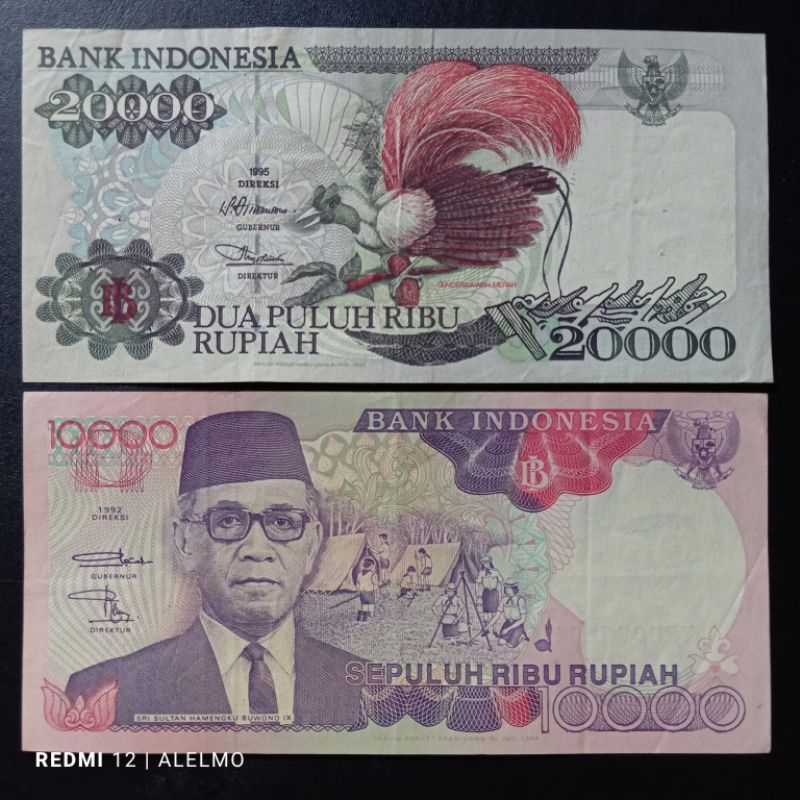 paket 2 lembar uang kertas 10000 & 20000 rupiah bekas baik