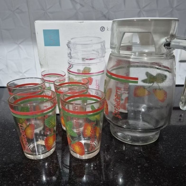 TEKO SET KACA KIMGLASS MOTIF STROBERI (BARU/NEW)