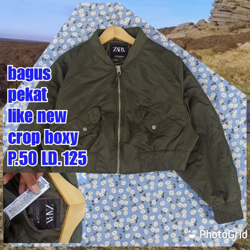 jaket work kerja casual bomber crop boxy hijau army military green zara