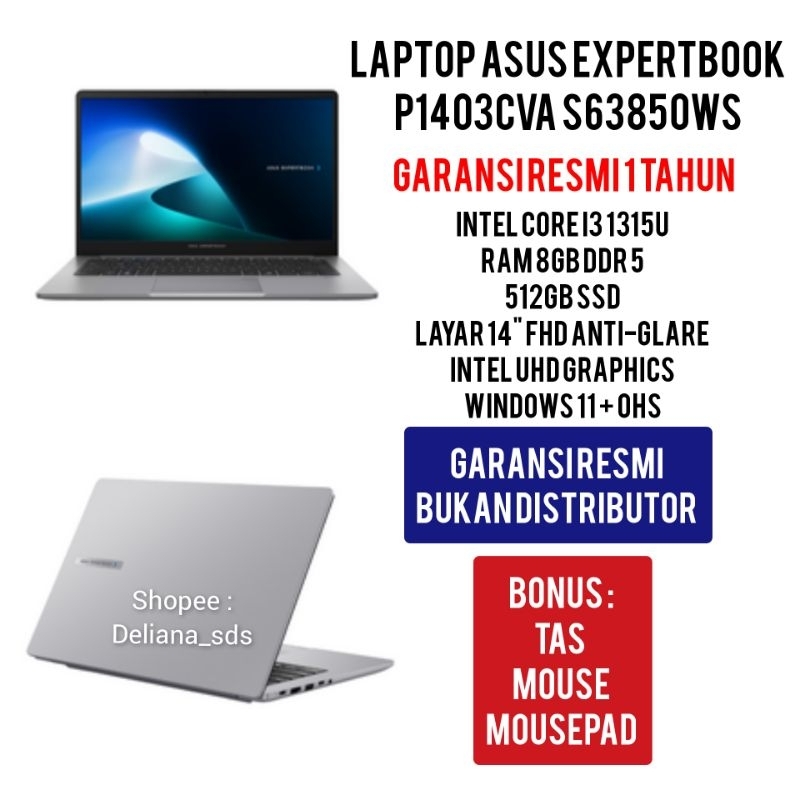 Laptop ASUS Expertbook P1403CVA S63850WS Intel I3 1315U 8GB/512GB SSD 14" FHD Anti-Glare Garansi Res